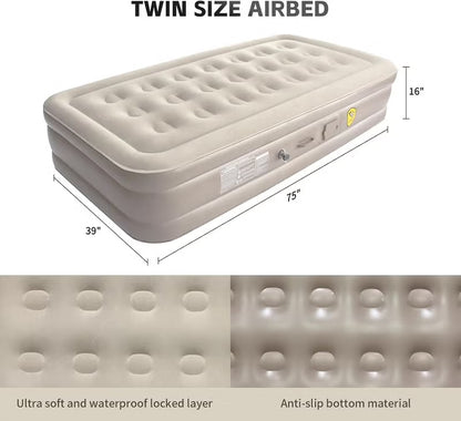 Twin size airbed with dimensions and material details on a white background